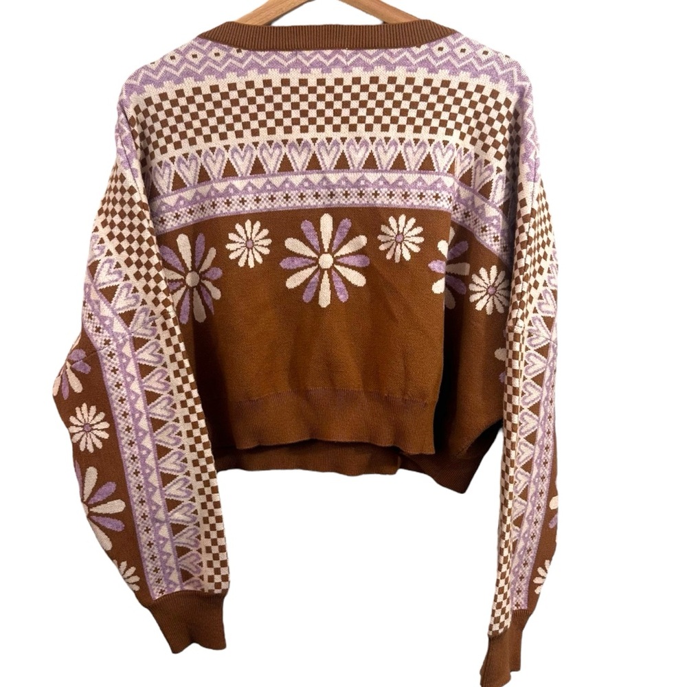 Altar'd State Cropped Boho Brown Floral Sweater Women's Size Large - Picture 2 of 4